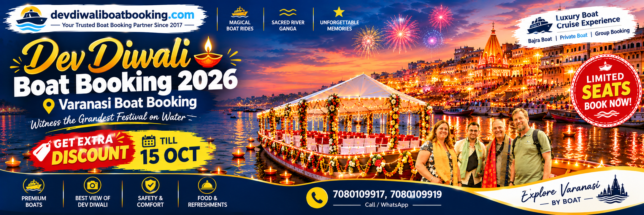 Dev Diwali 2026 boat booking in Varanasi with illuminated Ganga ghats and decorated boats