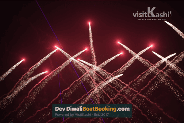Bright fireworks illuminating the night sky during Dev Diwali